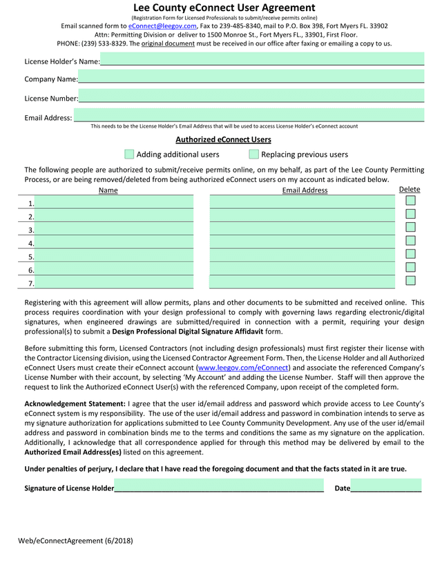 Lee County EConnect User Agreement screenshot