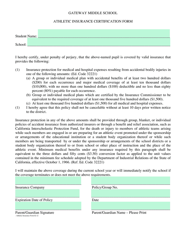 ATHLETIC INSURANCE CERTIFICATION FORM screenshot