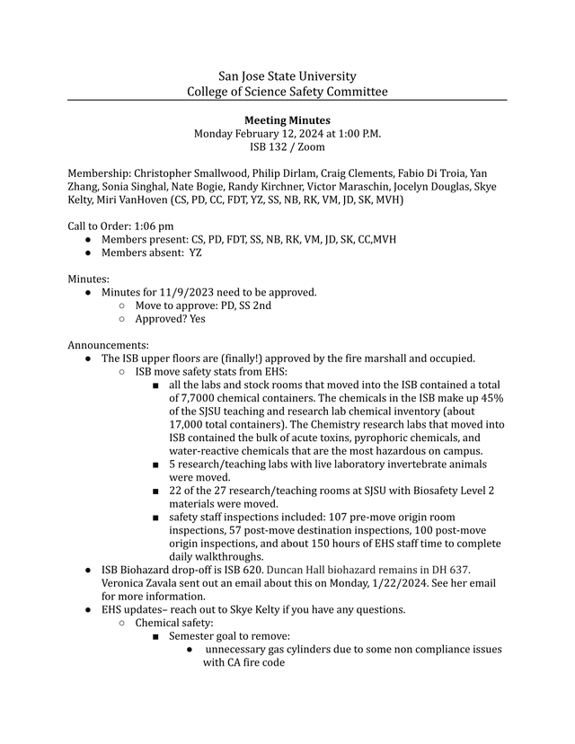 San Jose State University College Of Science Safety Committee Meeting Minutes screenshot