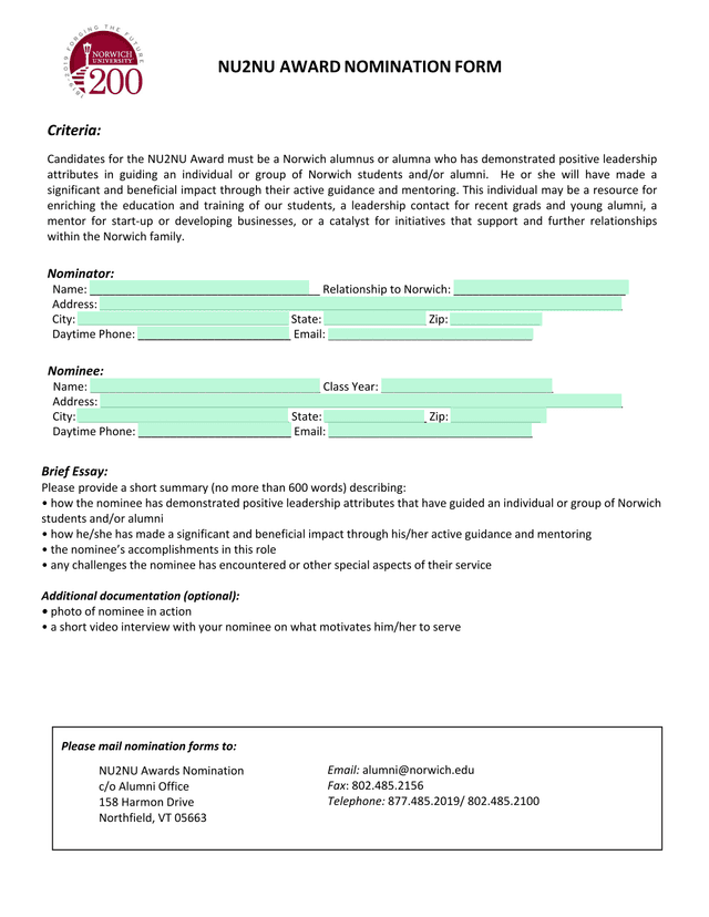 NU2NU Award Nomination Form screenshot