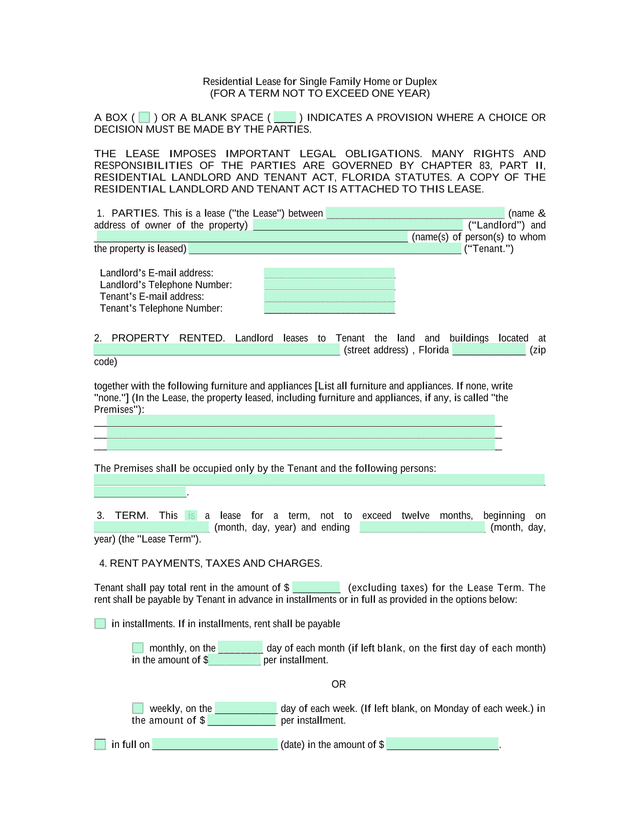 Residential Lease For Single Family Home Or Duplex screenshot