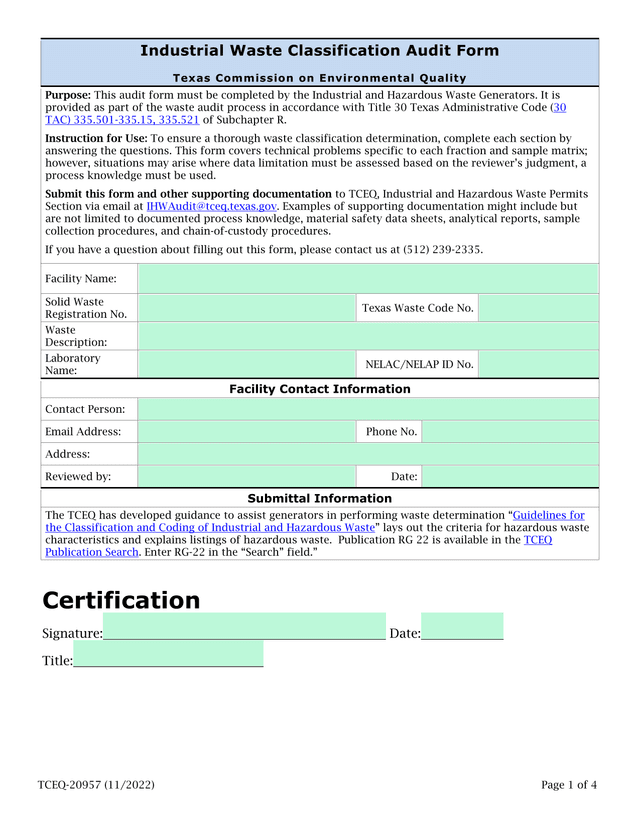 Industrial Waste Classification Audit Form screenshot