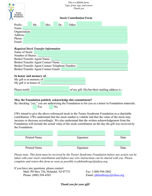 Stock Contribution Form screenshot