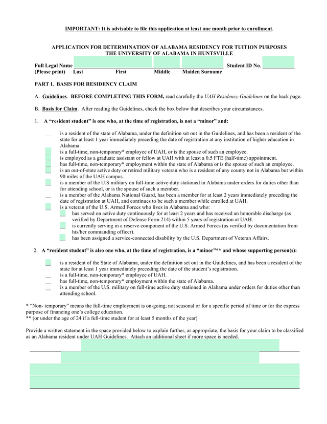 APPLICATION FOR DETERMINATION OF ALABAMA RESIDENCY FOR TUITION PURPOSES screenshot
