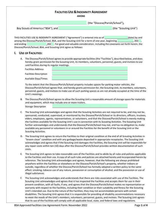 BSA Approved Facilities Use Agreement Form screenshot