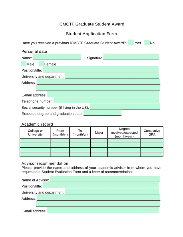 ICMCTF Graduate Student Award Student Application Form screenshot