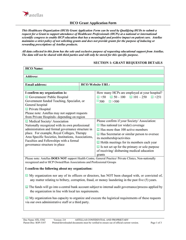 HCO Grant Application Form screenshot