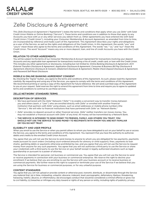 Zelle Disclosure  Agreement screenshot