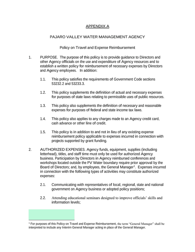 APPENDIX A Policy On Travel And Expense Reimbursement screenshot