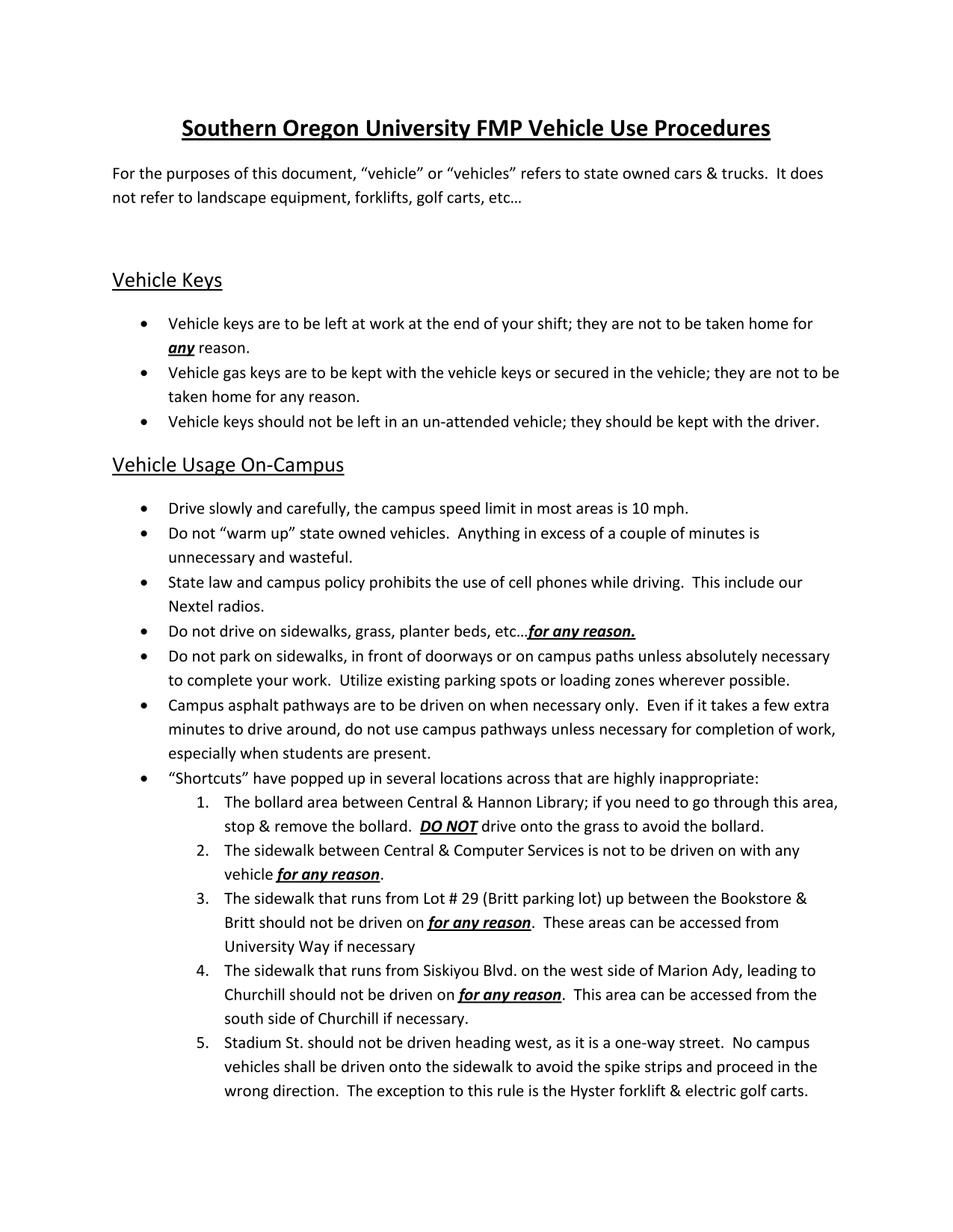 Southern Oregon University FMP Vehicle Use Procedures screenshot