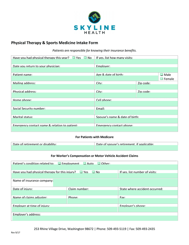 Physical Therapy  Sports Medicine Intake Form screenshot