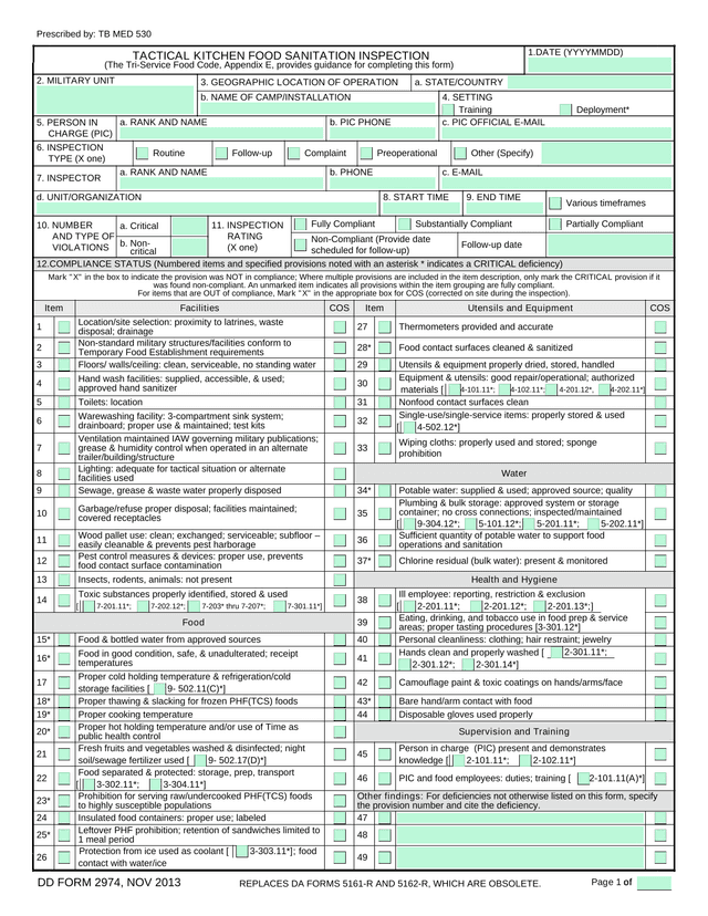 DD FORM 2974, NOV 2013 TACTICAL KITCHEN FOOD SANITATION INSPECTION screenshot