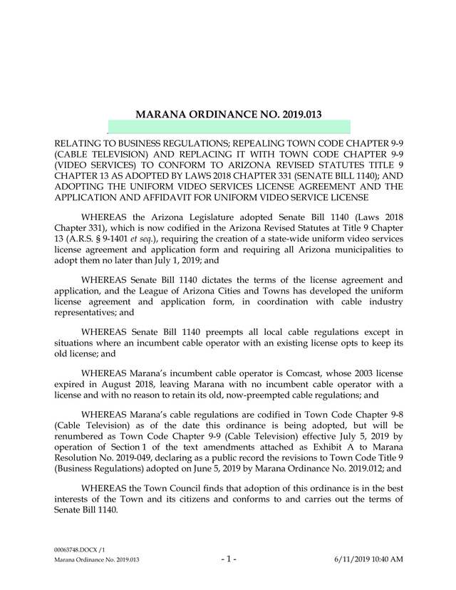 Marana Ordinance No. 2019.013 screenshot