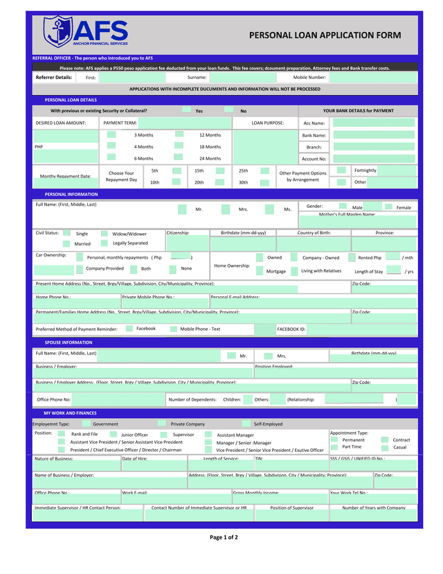 PERSONAL LOAN APPLICATION FORM screenshot