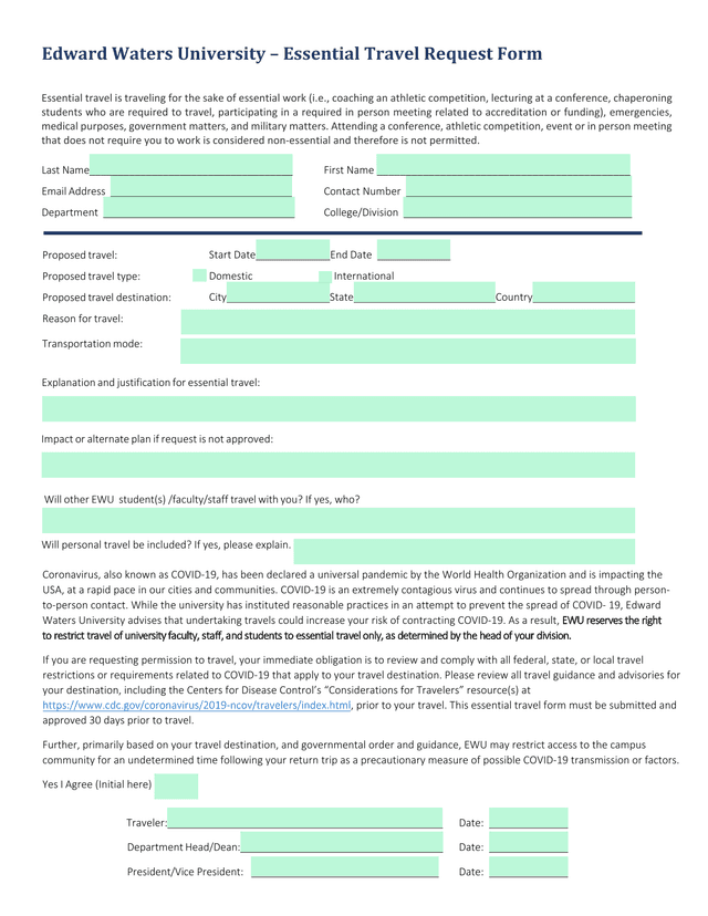 Essential Travel Request Form screenshot