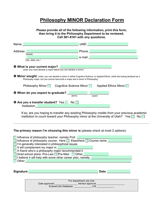 Philosophy MINOR Declaration Form screenshot
