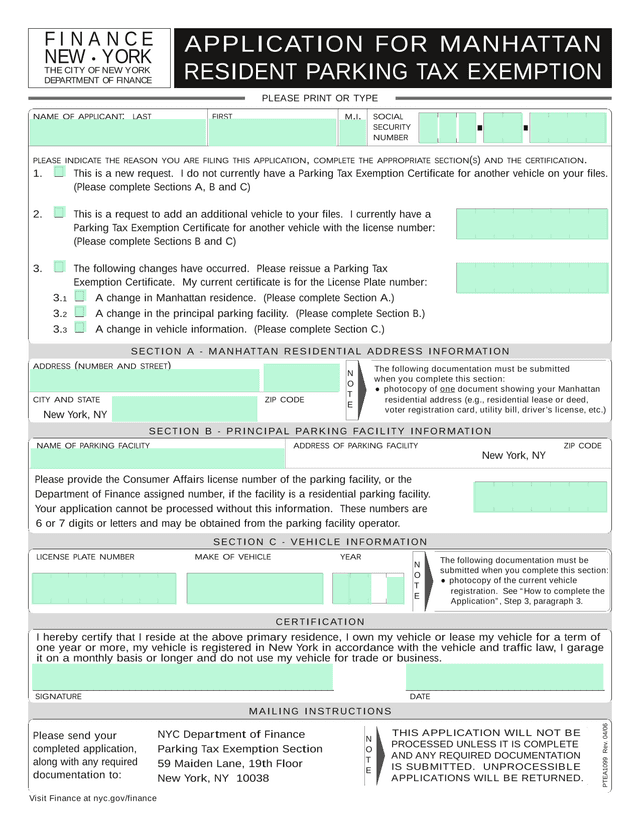 APPLICATION FOR MANHATTAN RESIDENT PARKING TAX EXEMPTION screenshot