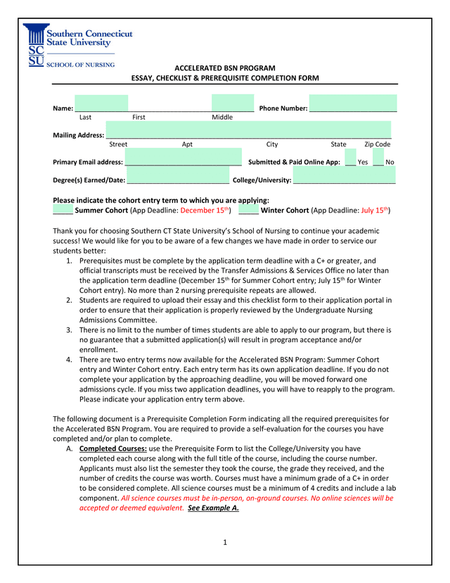 Accelerated BSN Program Essay, Checklist  Prerequisite Completion Form screenshot
