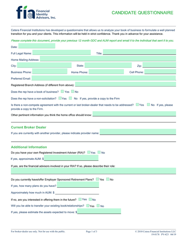 Candidate Questionnaire screenshot