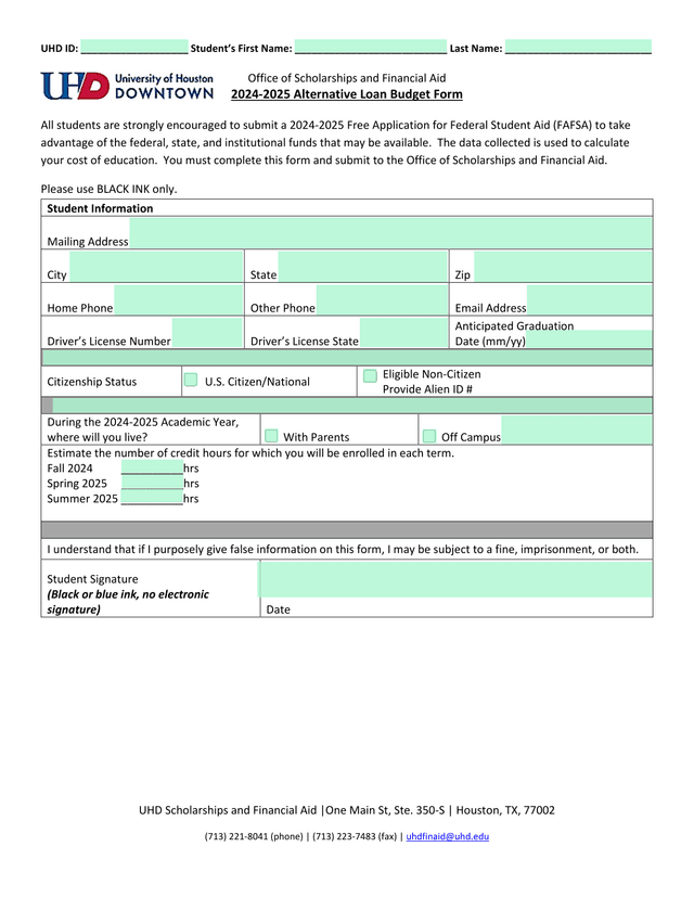 2024 2025 Alternative Loan Budget Form screenshot