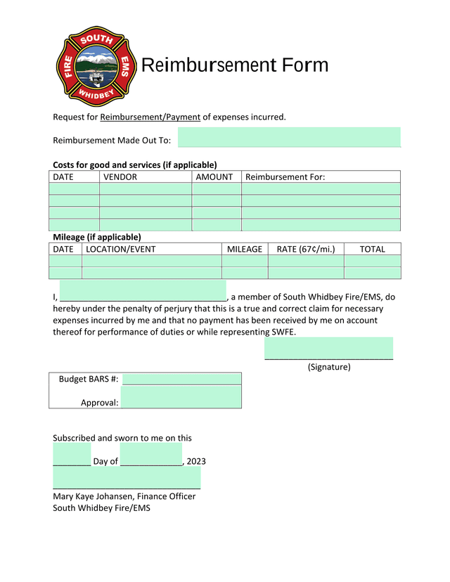 Reimbursement Form screenshot