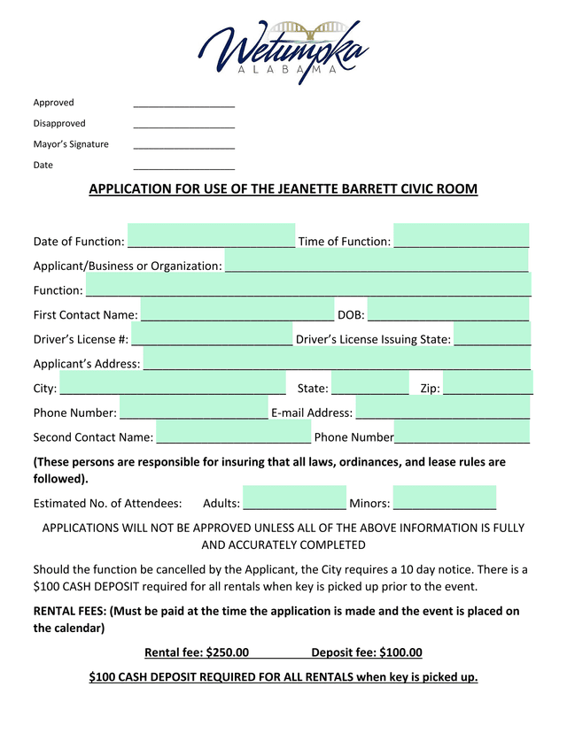 APPLICATION FOR USE OF THE JEANETTE BARRETT CIVIC ROOM screenshot