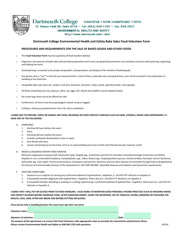 Dartmouth College Environmental Health And Safety Bake Sales Food Volunteer Form screenshot