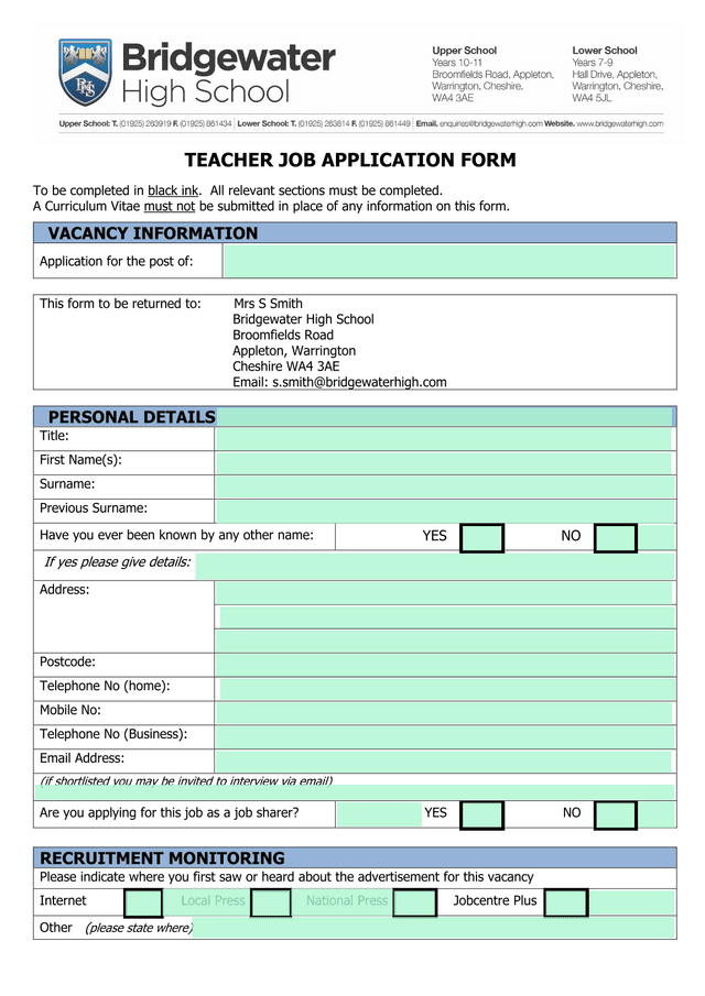 TEACHER JOB APPLICATION FORM screenshot