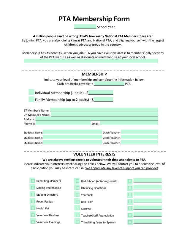 PTA Membership Form screenshot
