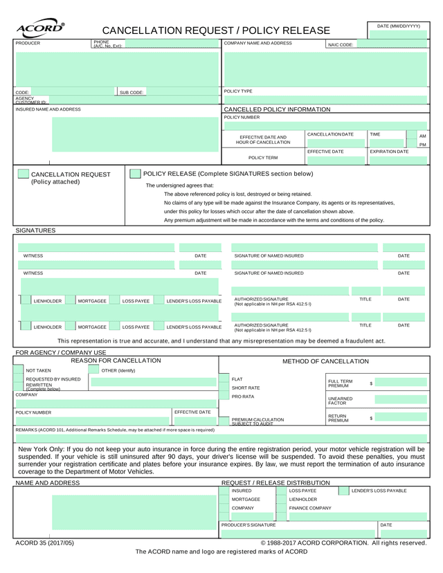 ACORD 35 Cancellation Request  Policy Release screenshot