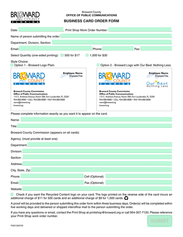BUSINESS CARD ORDER FORM screenshot