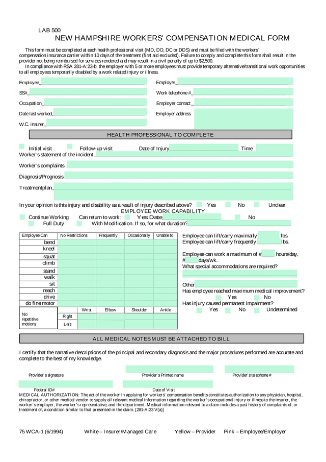 New Hampshire Workers Compensation Medical Form screenshot
