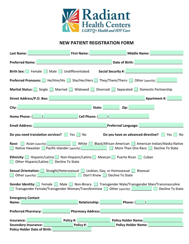 NEW PATIENT REGISTRATION FORM screenshot