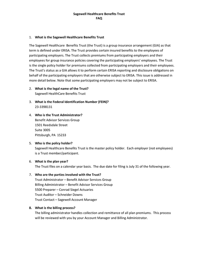 Sagewell Healthcare Benefits Trust FAQ screenshot