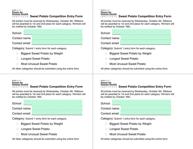Sweet Potato Competition Entry Form screenshot