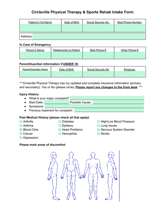 Circleville Physical Therapy  Sports Rehab Intake Form screenshot