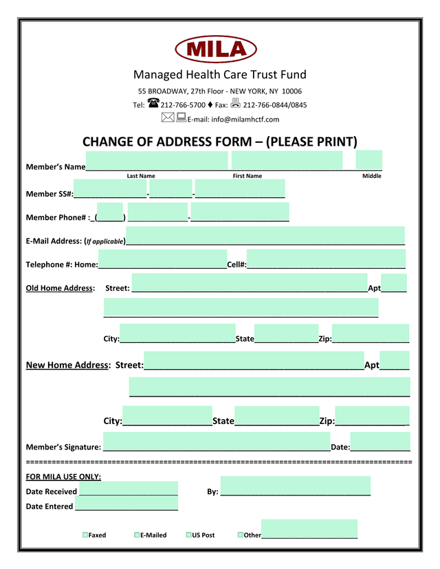 Change Of Address Form screenshot