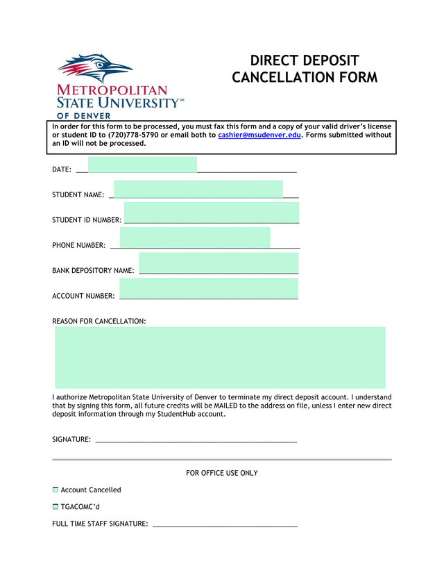 DIRECT DEPOSIT CANCELLATION FORM screenshot