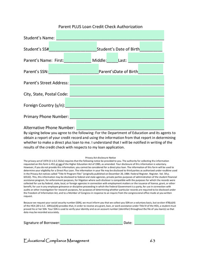 Parent PLUS Loan Credit Check Authorization screenshot
