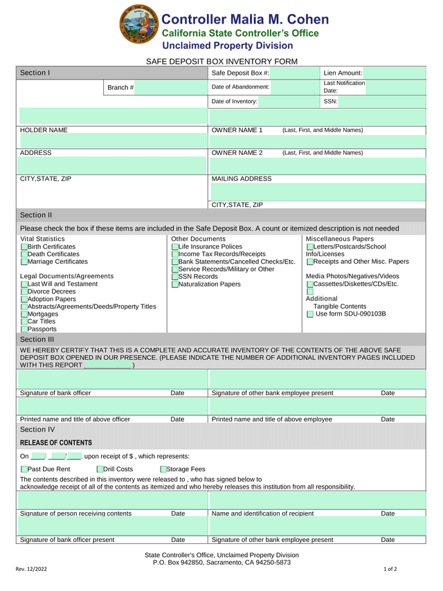 SAFE DEPOSIT BOX INVENTORY FORM screenshot