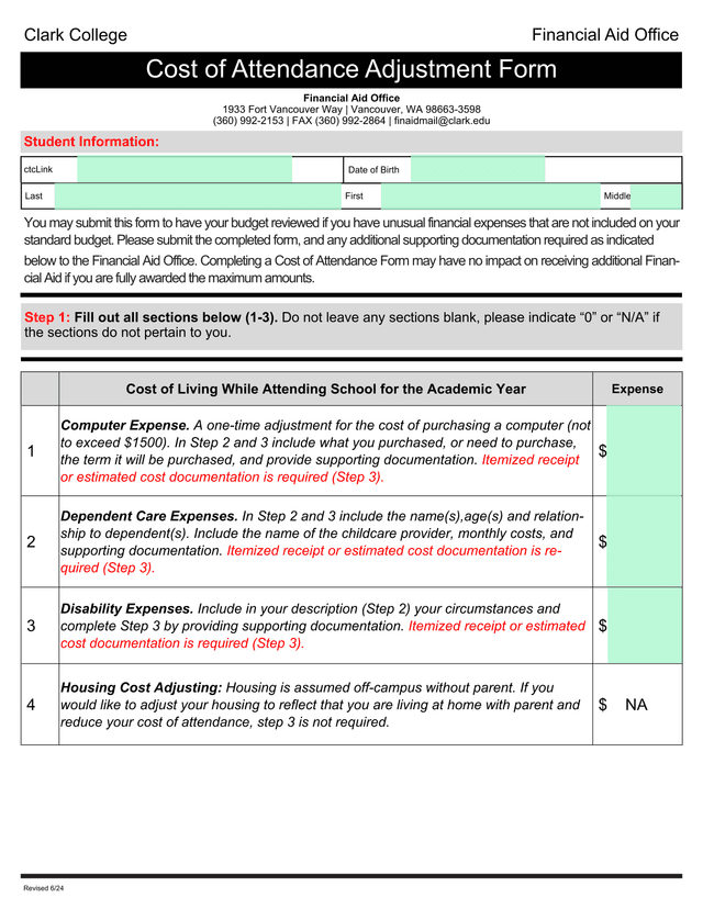 Cost Of Attendance Adjustment Form screenshot