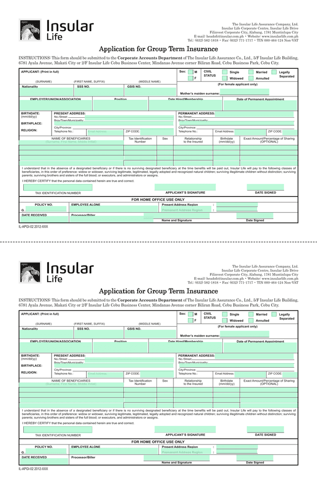 Application For Group Term Insurance screenshot