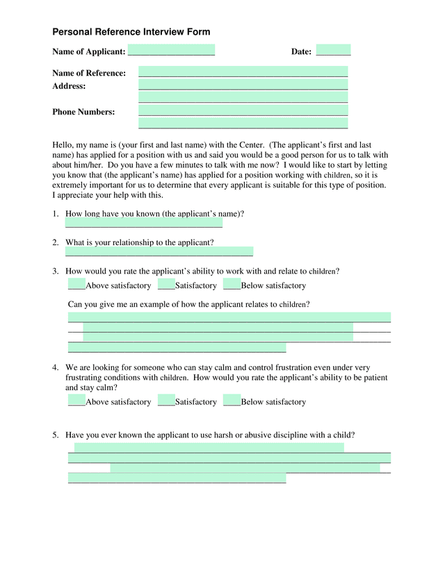 Personal Reference Interview Form screenshot