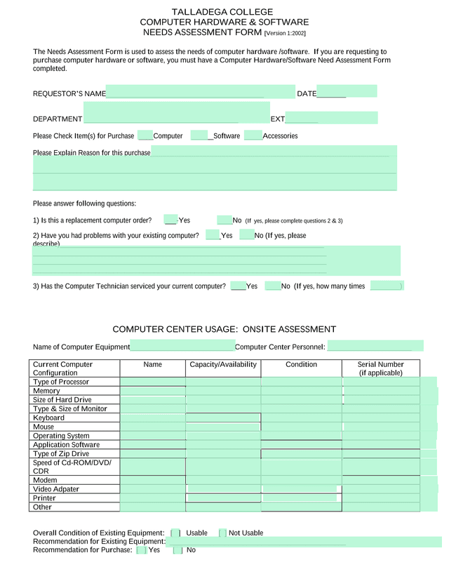 COMPUTER HARDWARE  SOFTWARE NEEDS ASSESSMENT FORM screenshot