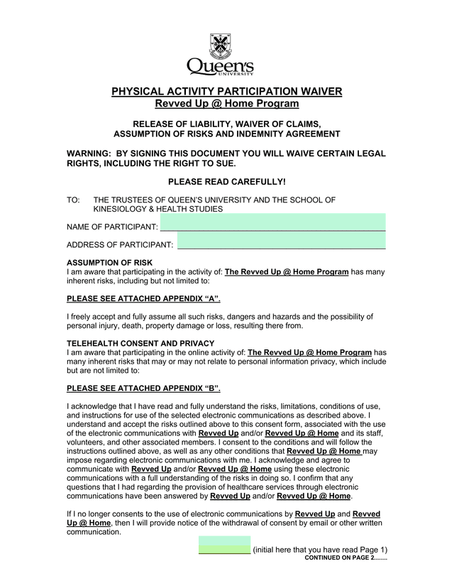 Physical Activity Participation Waiver screenshot