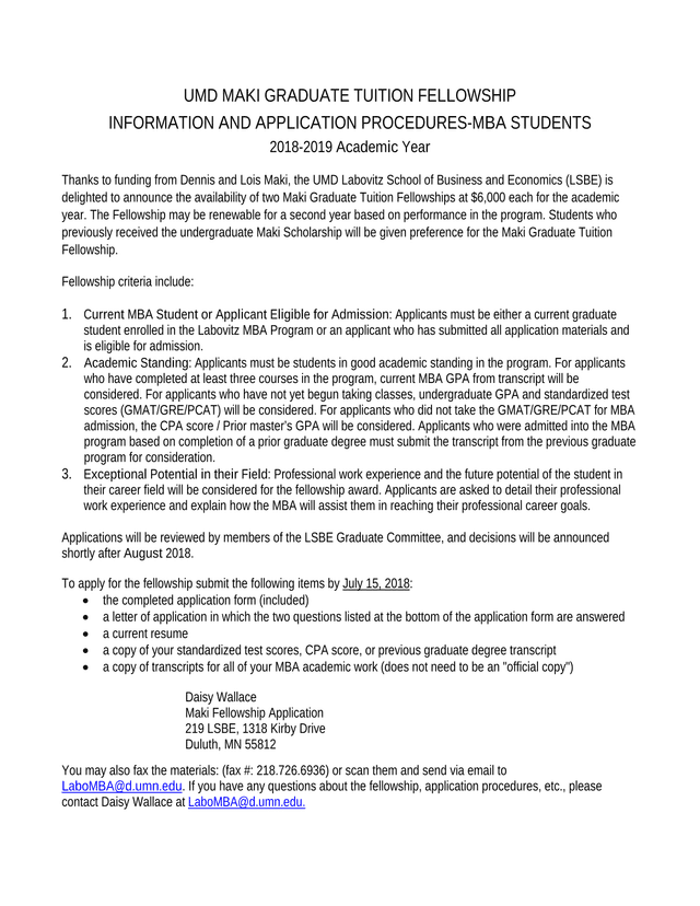 UMD MAKI GRADUATE TUITION FELLOWSHIP INFORMATION AND APPLICATION PROCEDURES MBA STUDENTS screenshot