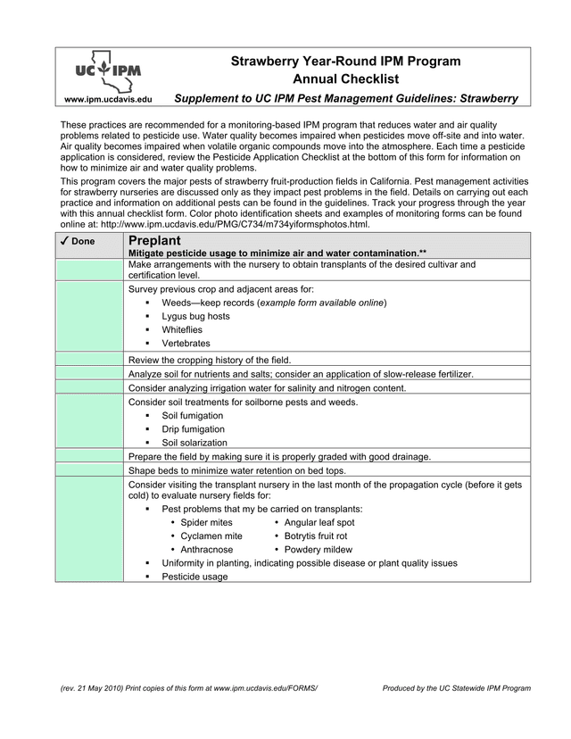 Strawberry Year Round IPM Program Annual Checklist screenshot