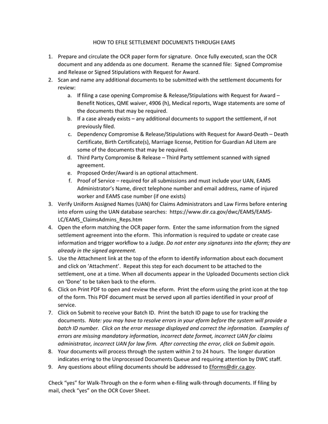 How To EFile Settlement Documents Through EAMS screenshot