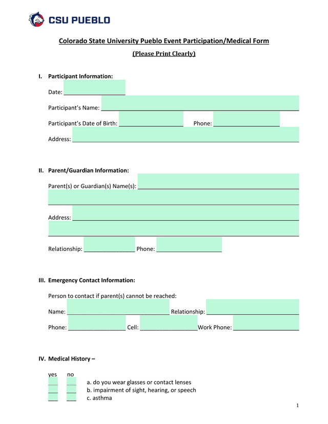 Colorado State University Pueblo Event ParticipationMedical Form screenshot