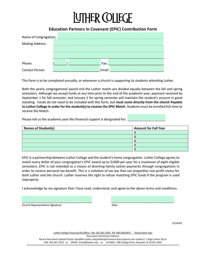 Education Partners In Covenant (EPIC) Contribution Form screenshot